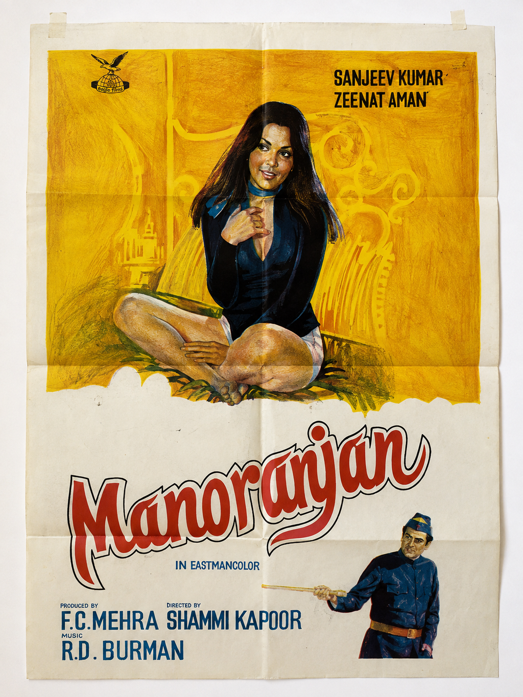 Original Manoranjan (1974) Vintage Bollywood Movie Poster | Sanjeev Kumar & Zeenat Aman